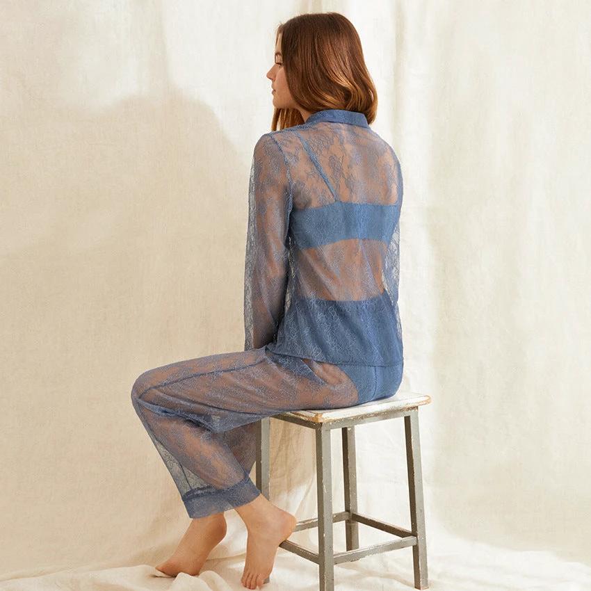 European And American Lace See-through Dress Long-sleeved Lapel Sexy Sexy Net Gauze Pajamas Women