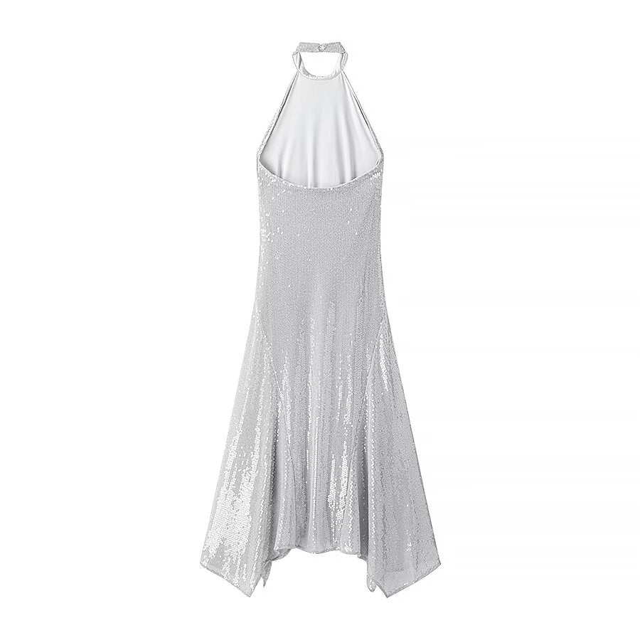 Autumn Winter Elegant Slim Hanging Collar Sequined Dress