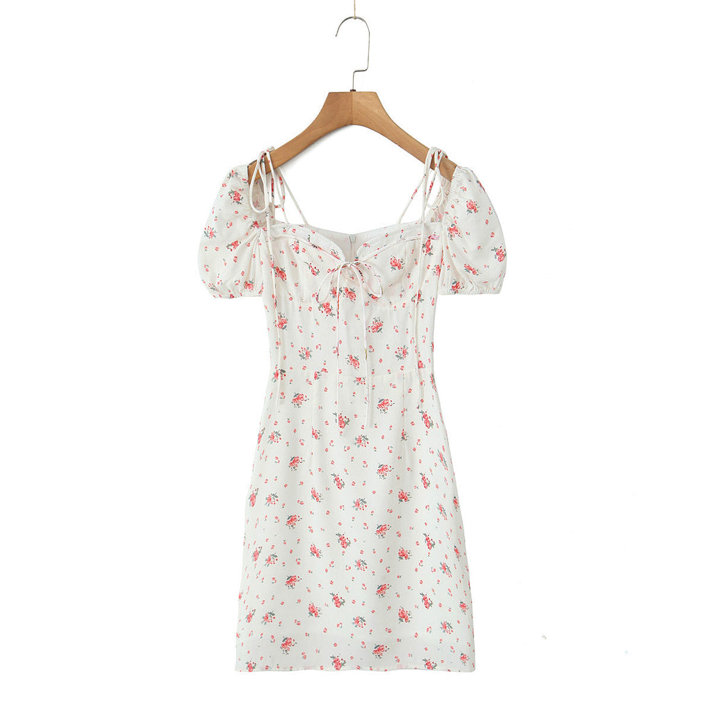 Spring Sexy Sweet Printed Lace up Waist Dress