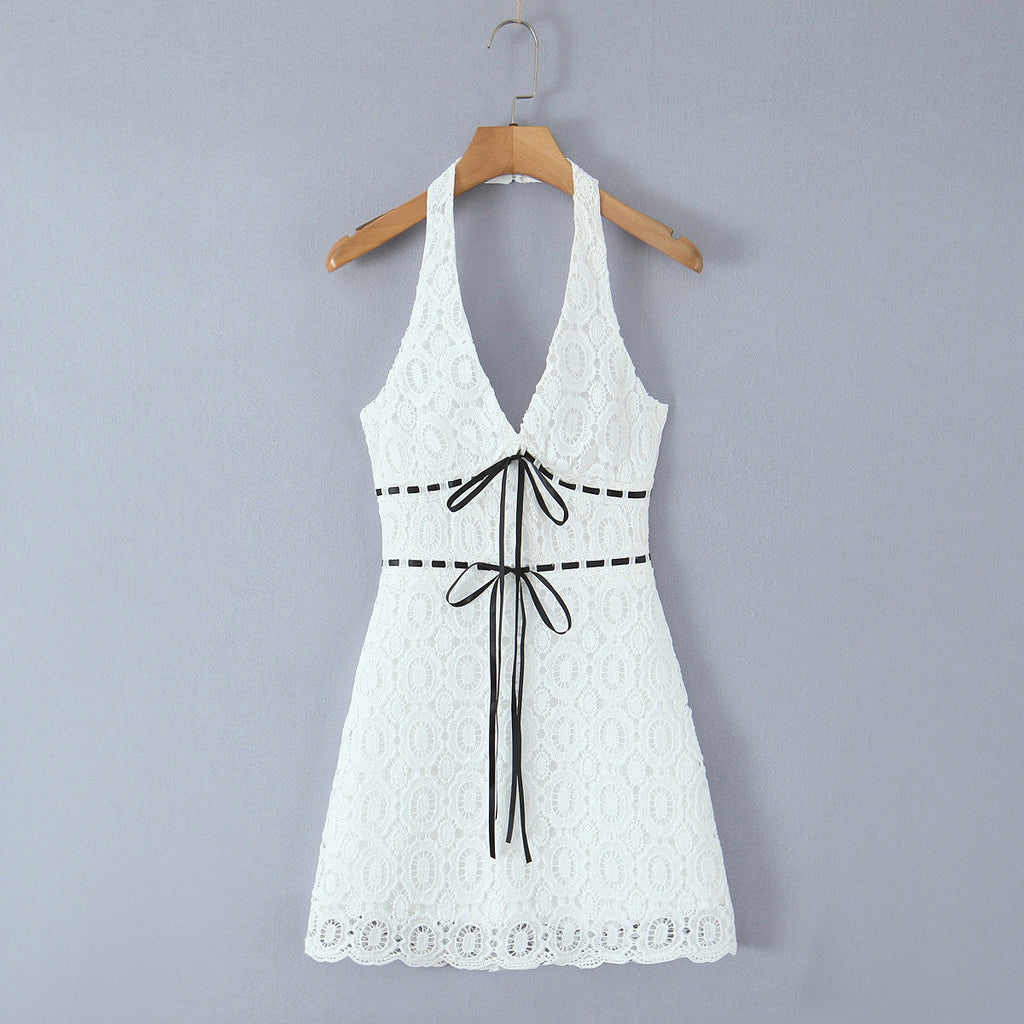 Summer Vacation Sexy Fresh Lace Embroidery Contrast Color Lace up Halterneck Dress