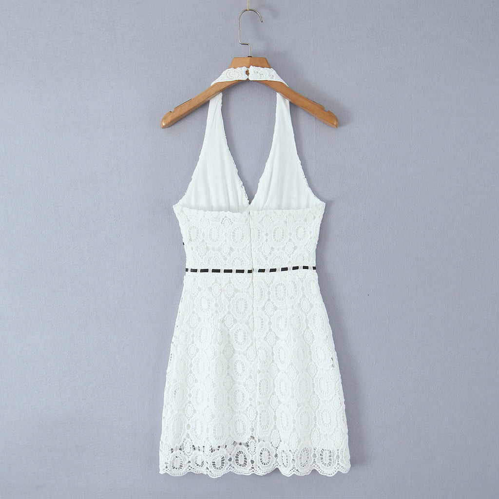 Summer Vacation Sexy Fresh Lace Embroidery Contrast Color Lace up Halterneck Dress
