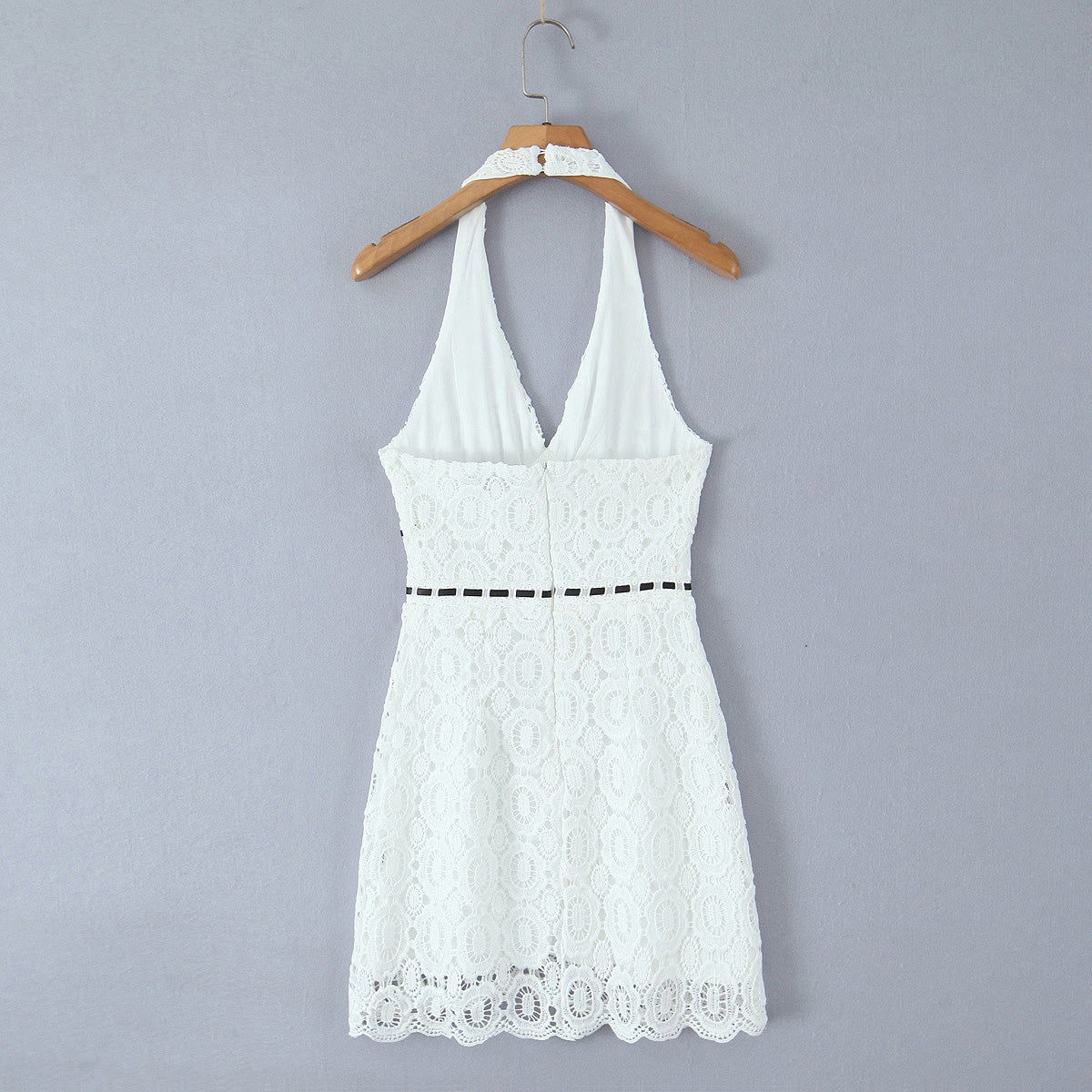 Summer Vacation Sexy Fresh Lace Embroidery Contrast Color Lace up Halterneck Dress