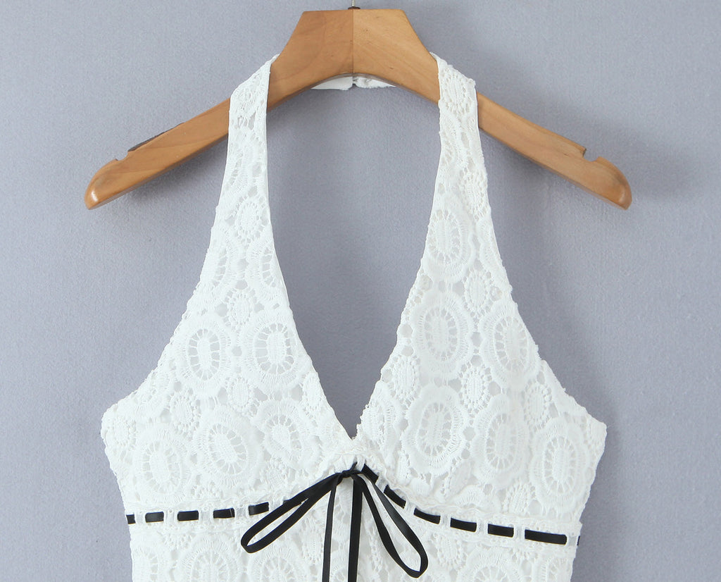 Summer Vacation Sexy Fresh Lace Embroidery Contrast Color Lace up Halterneck Dress