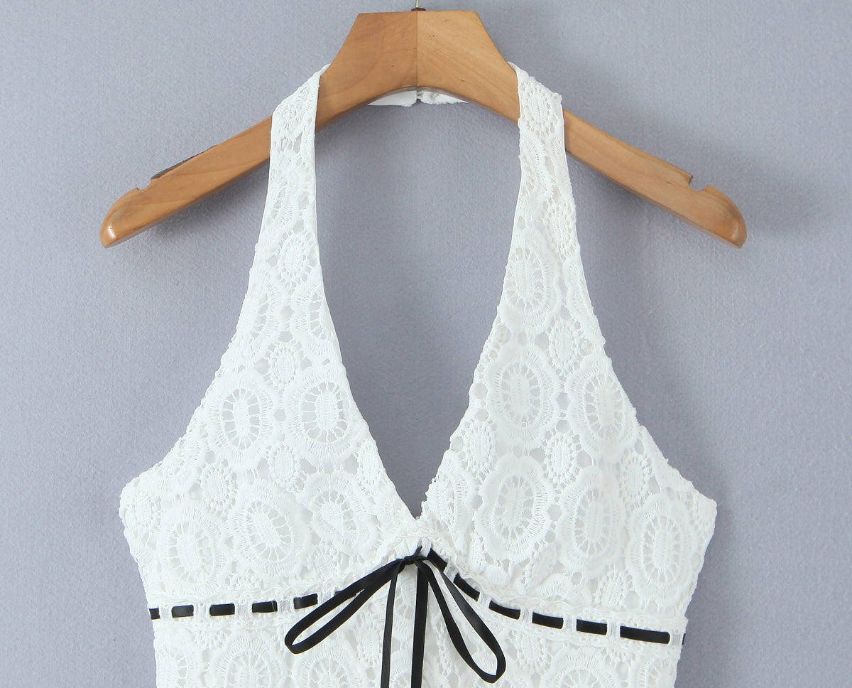 Summer Vacation Sexy Fresh Lace Embroidery Contrast Color Lace up Halterneck Dress