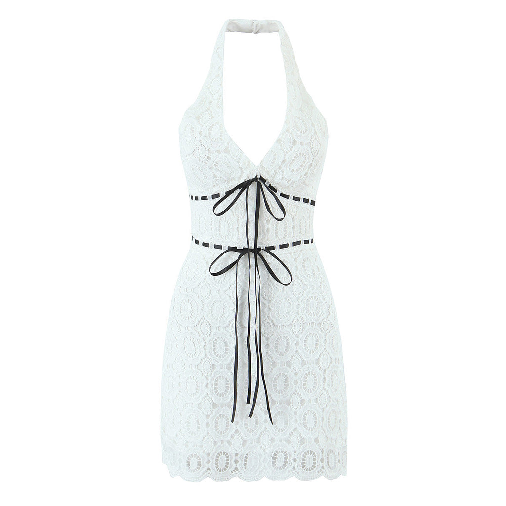 Summer Vacation Sexy Fresh Lace Embroidery Contrast Color Lace up Halterneck Dress