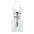 Summer Vacation Sexy Fresh Lace Embroidery Contrast Color Lace up Halterneck Dress