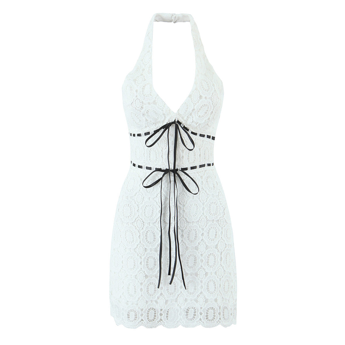 Summer Vacation Sexy Fresh Lace Embroidery Contrast Color Lace up Halterneck Dress