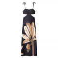 Summer Elegant Dress Backless Cropped Outfit Printed Black Slim Strap Dress