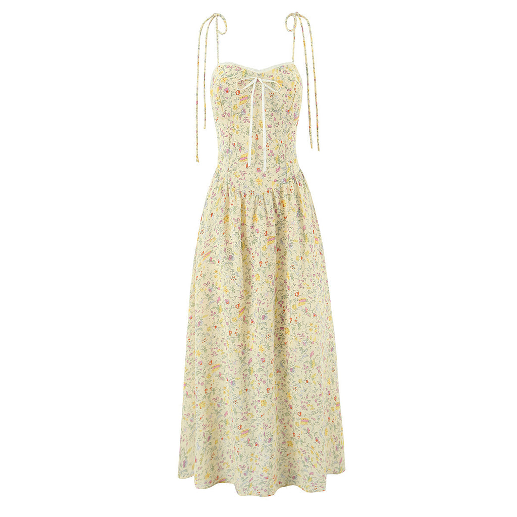 Women Sexy Backless Hip Women Bow Floral Strap Dress