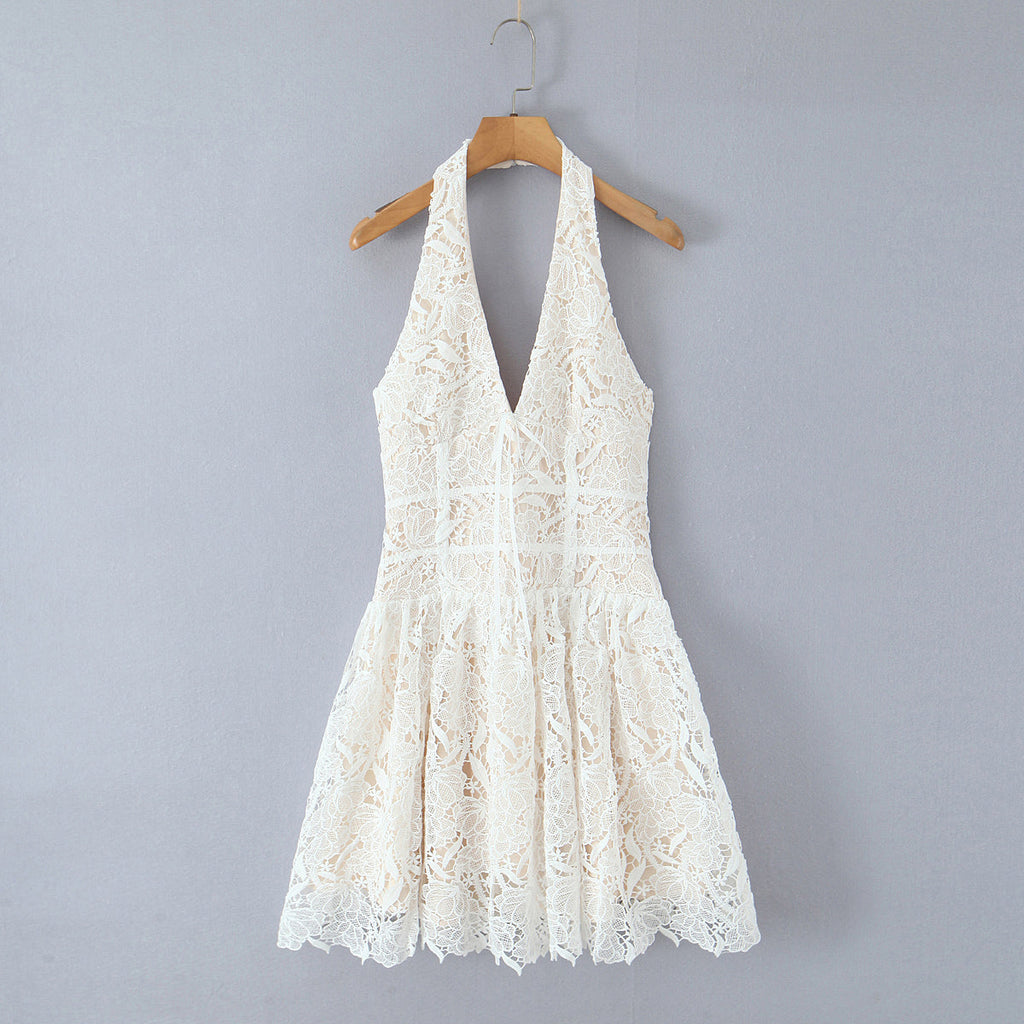 Classic Sexy Deep V Plunge neck Lace Crochet Embroidery Dress Women Elegant Halter Waist A line Dress