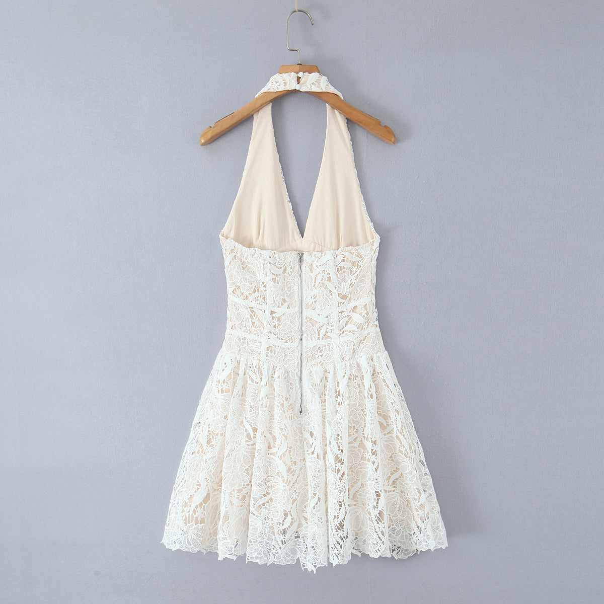Classic Sexy Deep V Plunge neck Lace Crochet Embroidery Dress Women Elegant Halter Waist A line Dress