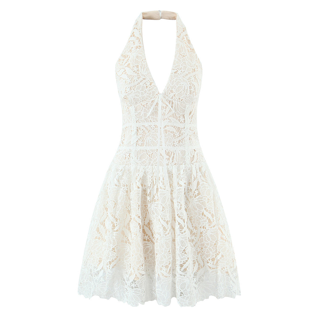 Classic Sexy Deep V Plunge neck Lace Crochet Embroidery Dress Women Elegant Halter Waist A line Dress