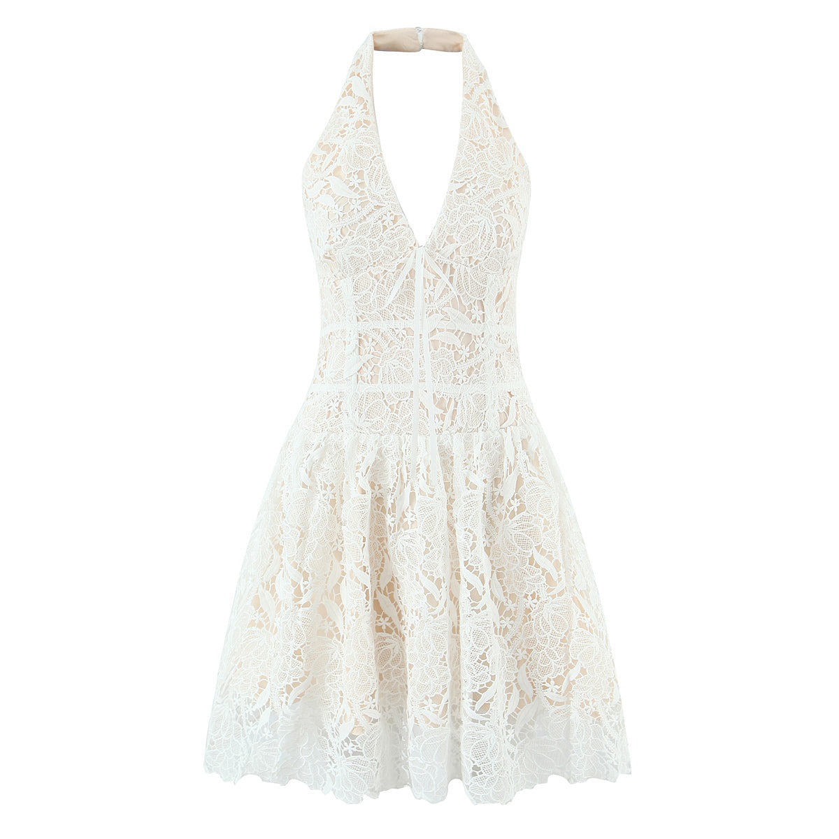 Classic Sexy Deep V Plunge neck Lace Crochet Embroidery Dress Women Elegant Halter Waist A line Dress