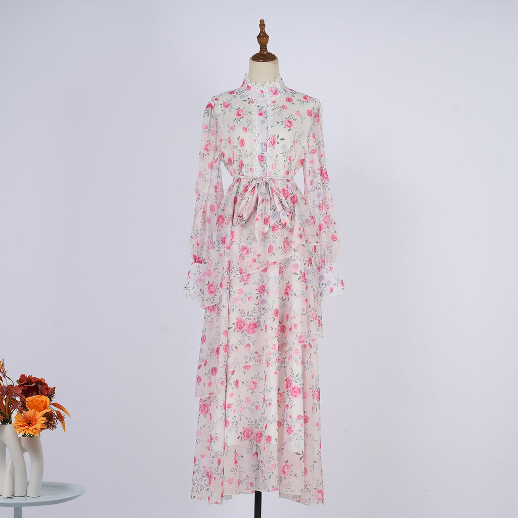 Women Spring And Autumn Long Sleeve Printed Buttons Of The Belt Dress
