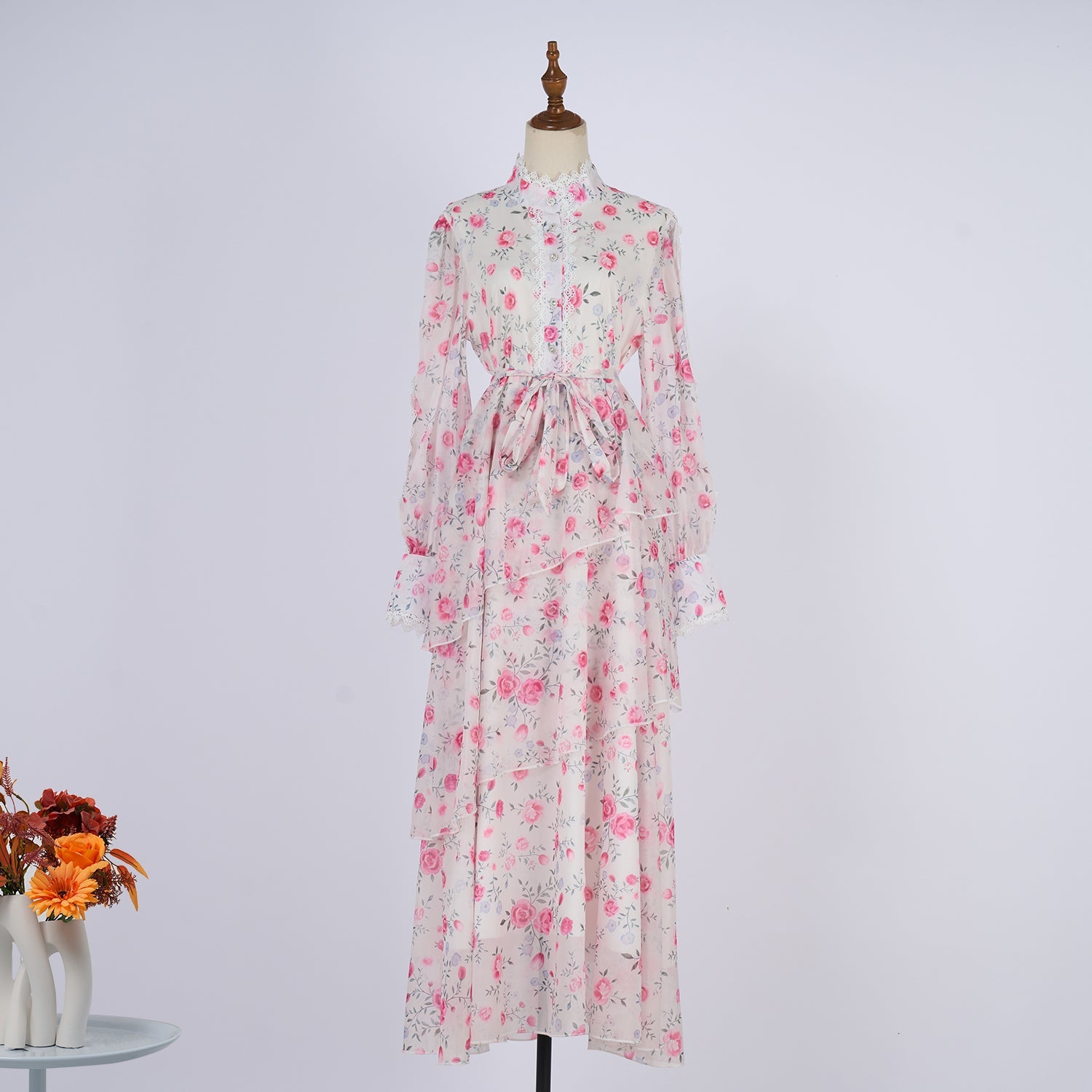 Women Spring And Autumn Long Sleeve Printed Buttons Of The Belt Dress