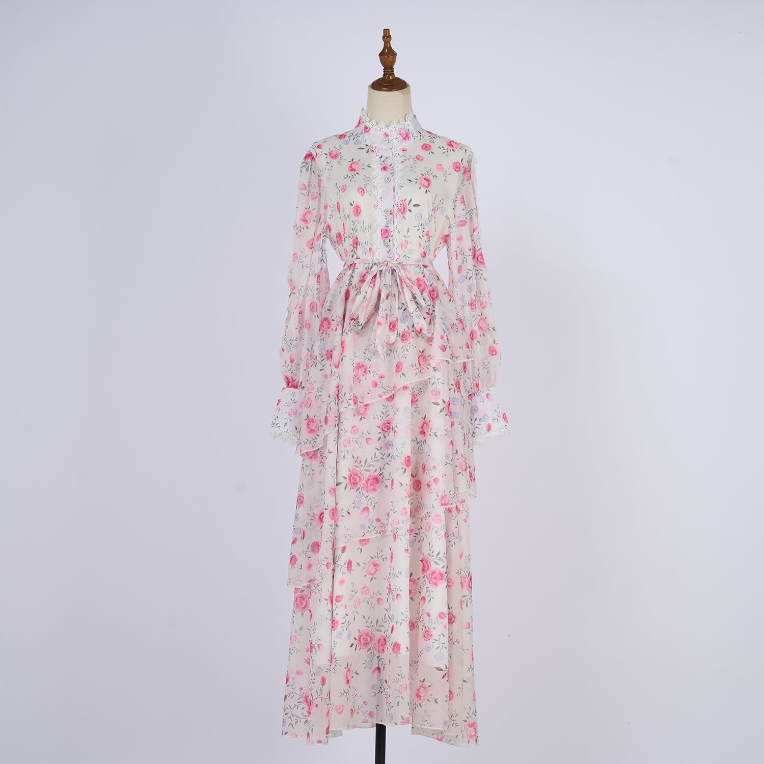 Women Spring And Autumn Long Sleeve Printed Buttons Of The Belt Dress
