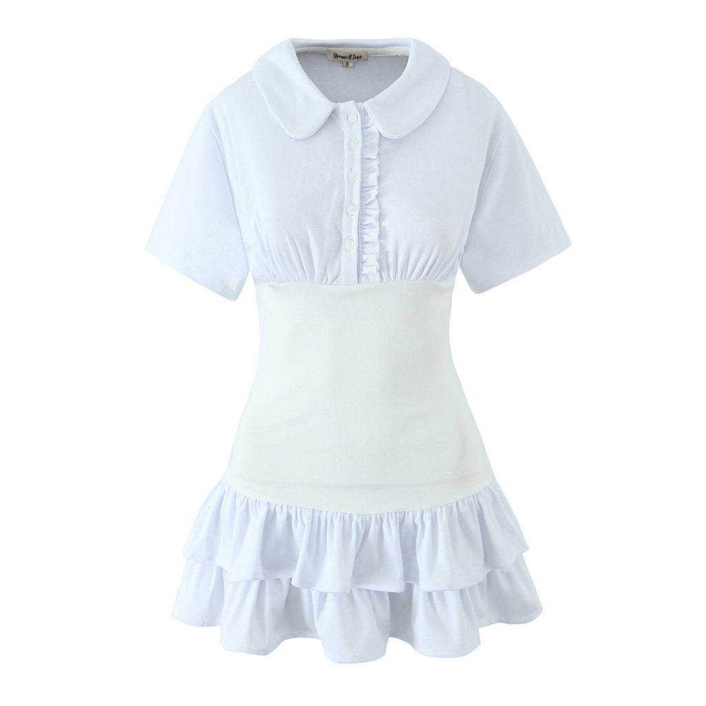 Same as Bloggers Doll Collar Fungus Drop Shoulder Short Sleeve Contrast Color Layer Waist Trimming Short Slim Fit Dress