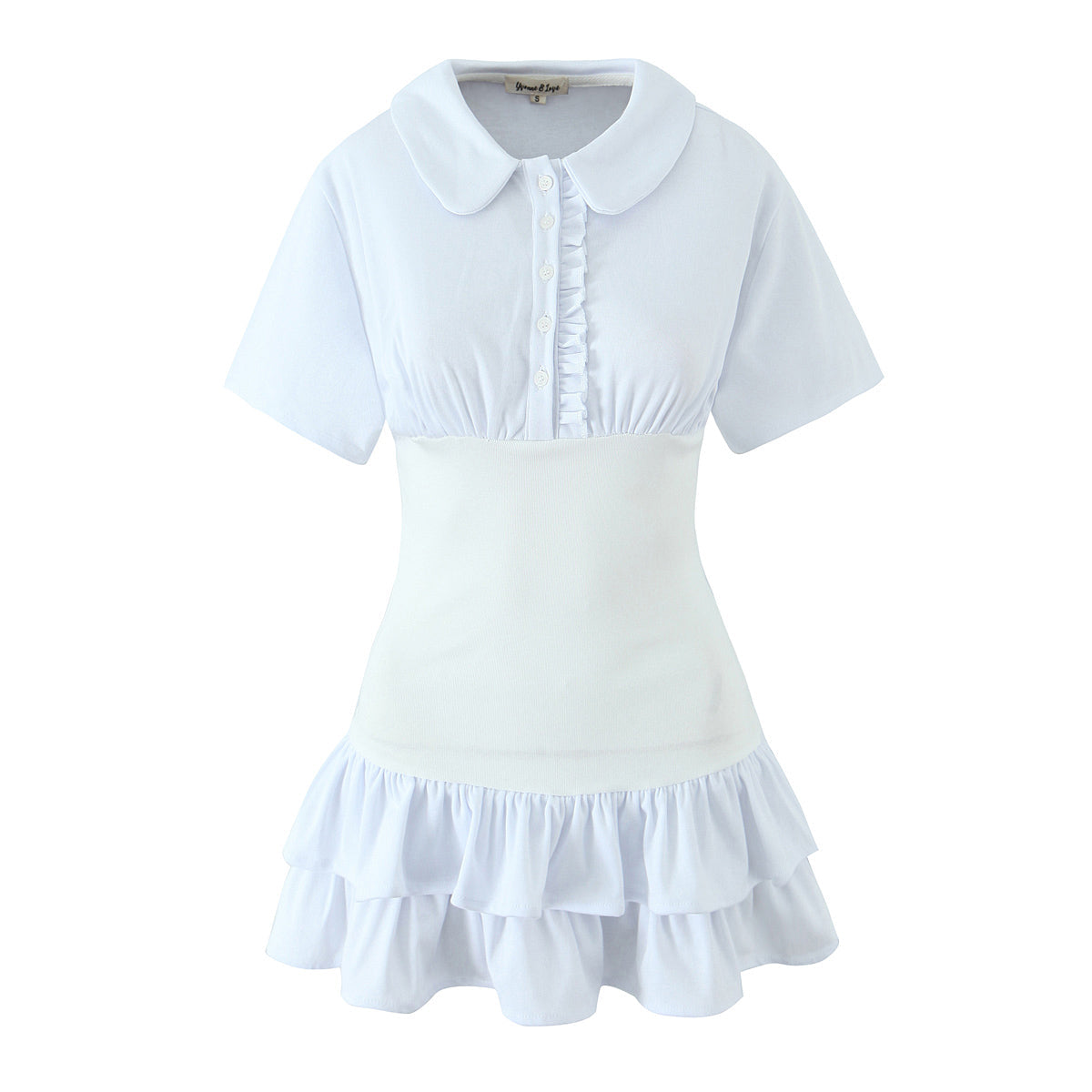 Same as Bloggers Doll Collar Fungus Drop Shoulder Short Sleeve Contrast Color Layer Waist Trimming Short Slim Fit Dress