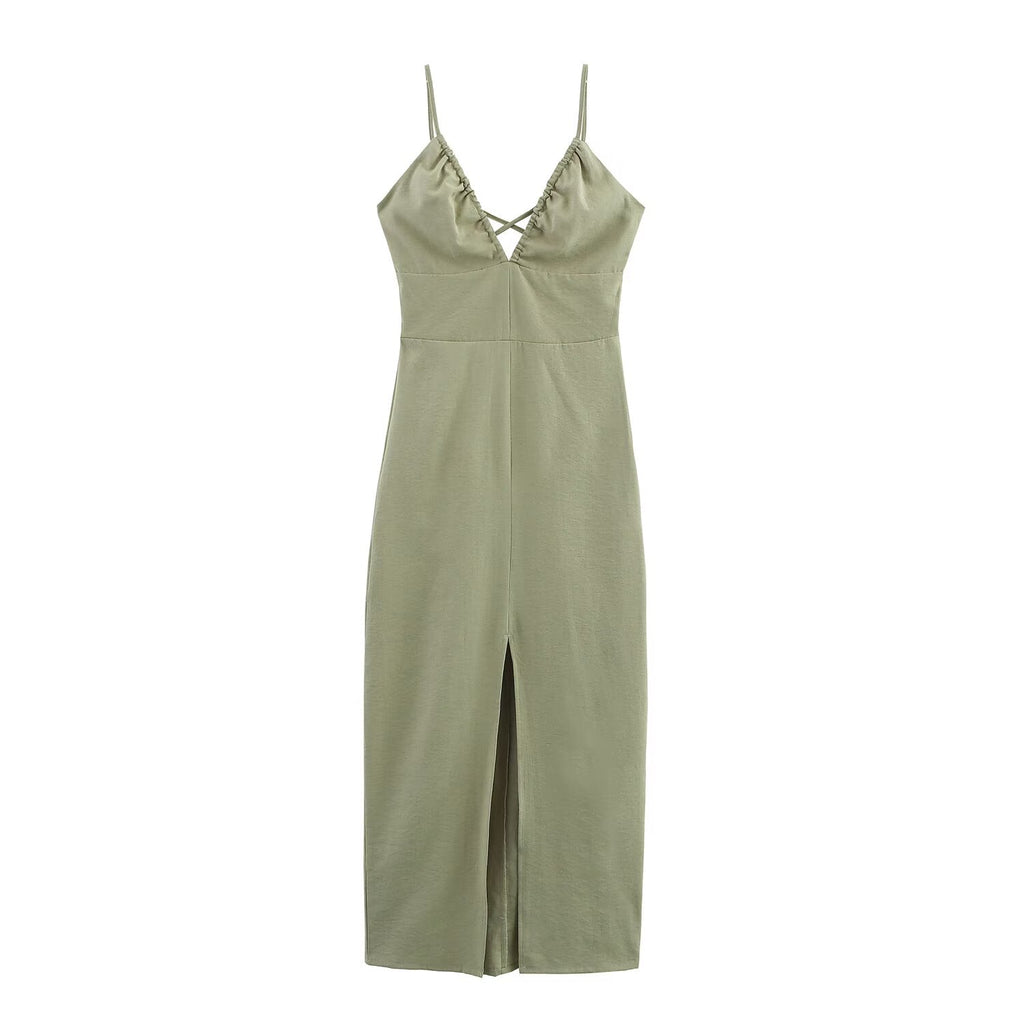 Women Clothing Solid Linen Midi Sling Dress
