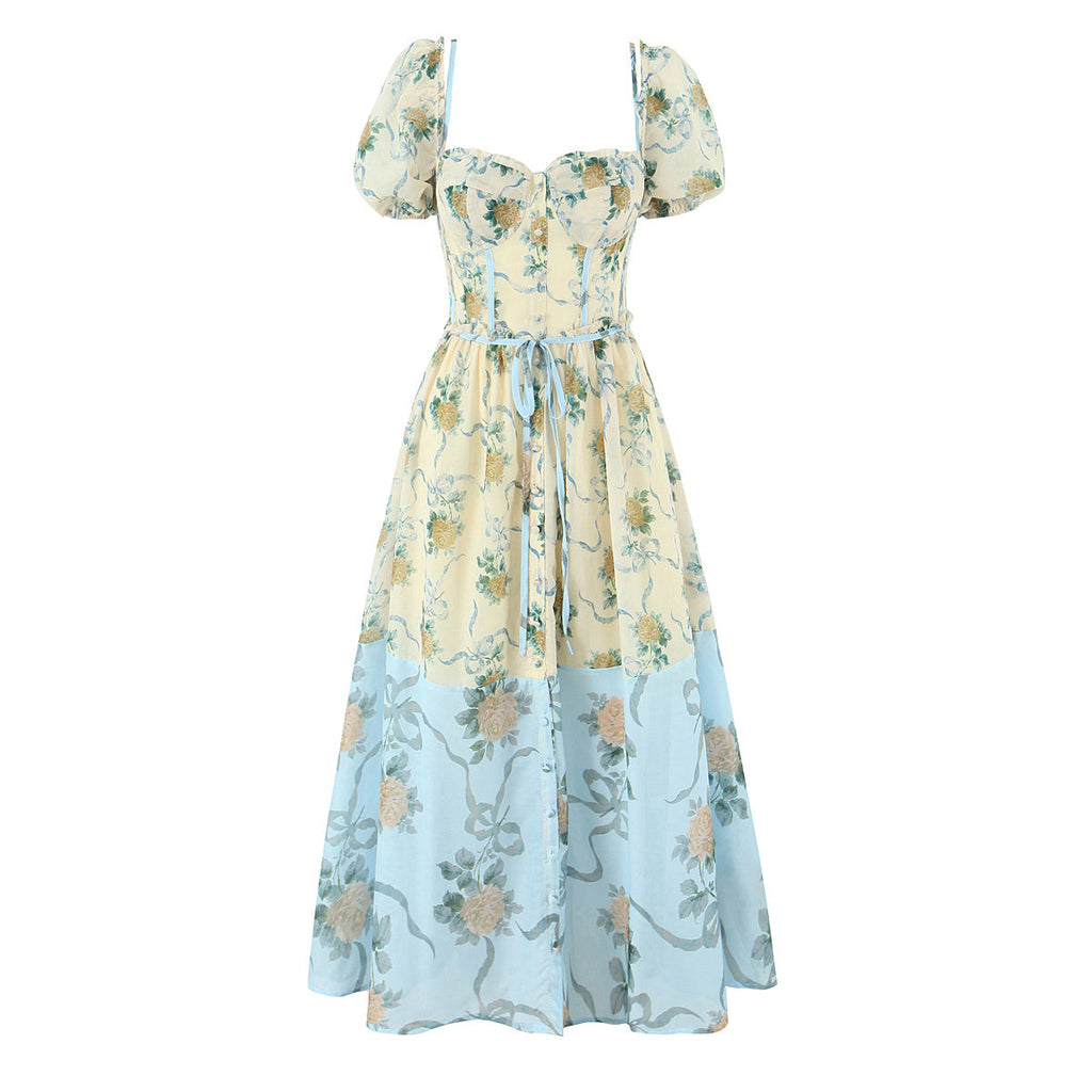 Sweet Printed Chic Puff Sleeve Mid Length Dress Retro Square Collar Vacation Dress