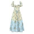 Sweet Printed Chic Puff Sleeve Mid Length Dress Retro Square Collar Vacation Dress