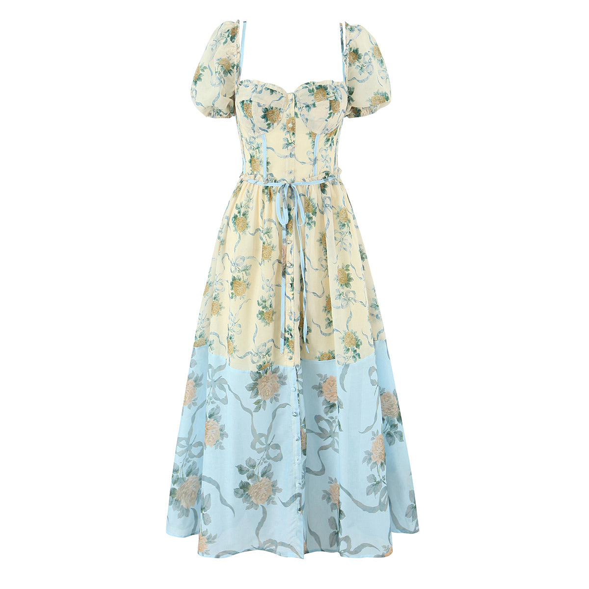 Sweet Printed Chic Puff Sleeve Mid Length Dress Retro Square Collar Vacation Dress