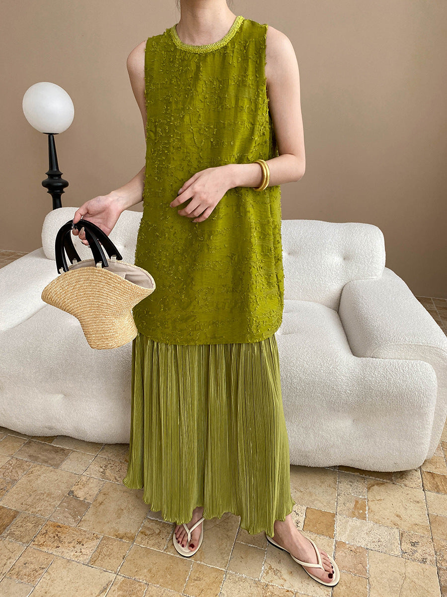 Vacation Tencel Cotton Linen Blended Faux Two Piece Cut Floral Craft Vest Dress
