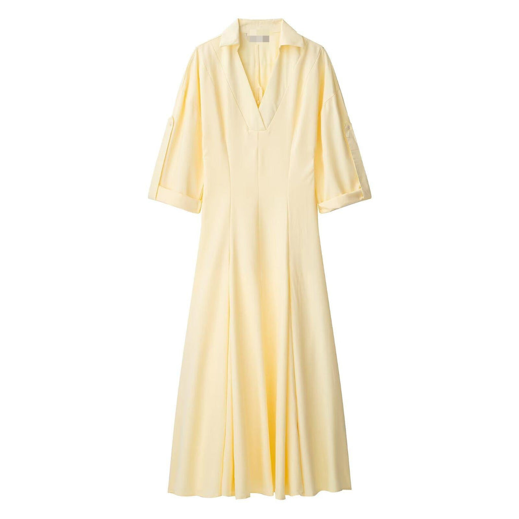 Summer Collared Shirt Trench Coat Solid Color Dress Maxi Dress