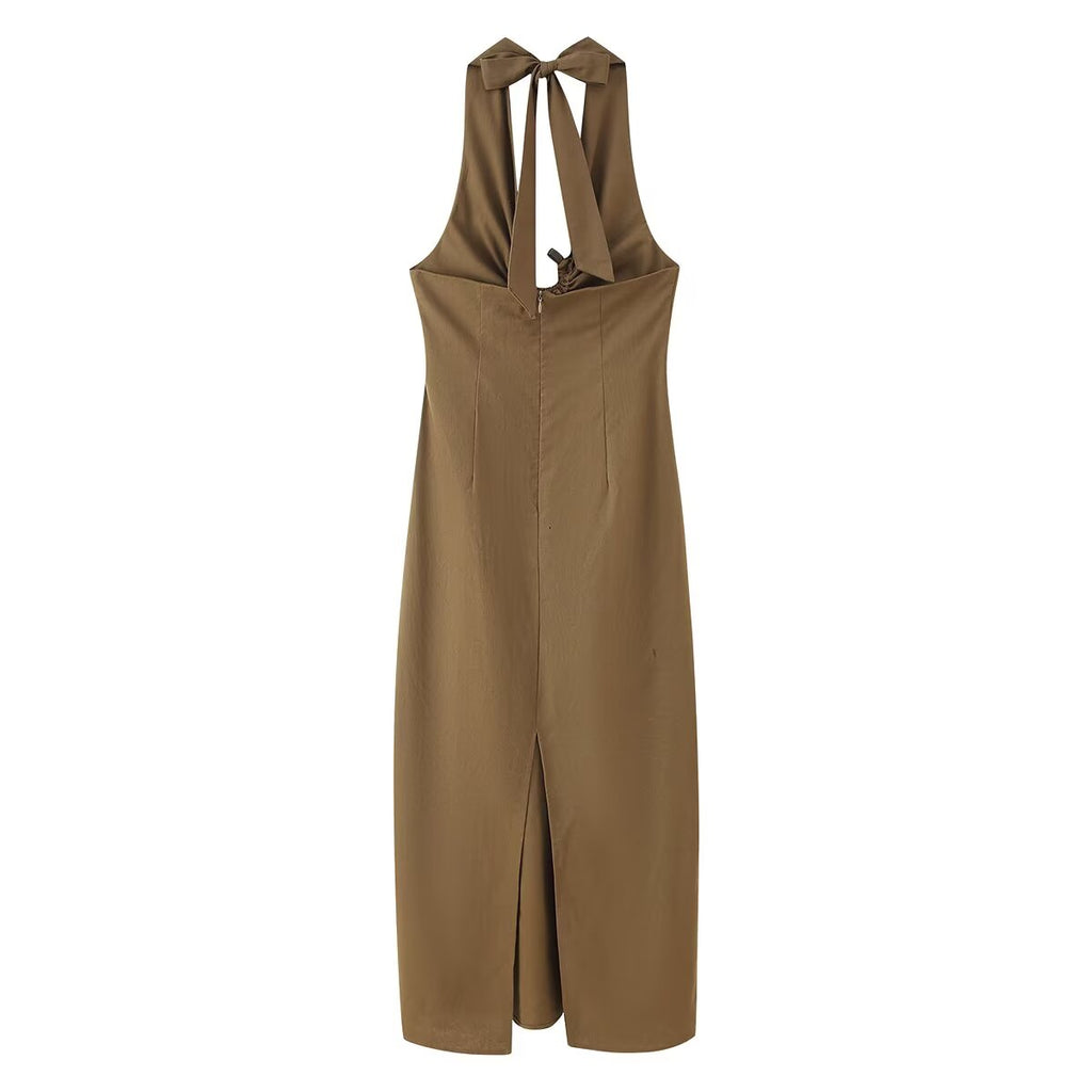 Women Clothing Spring Buckle Decoration Pleated Hanging Collar Dress
