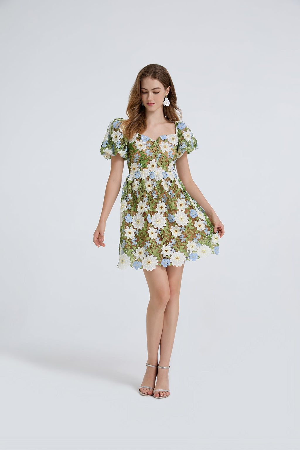 Women Summer Lace Embroidered Puff Sleeve Dress