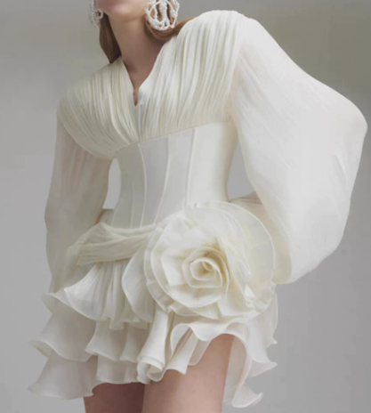 High Grade Socialite Ruffled Short Dress V neck Puff Sleeve Three Dimensional Floral Dress Women Summer