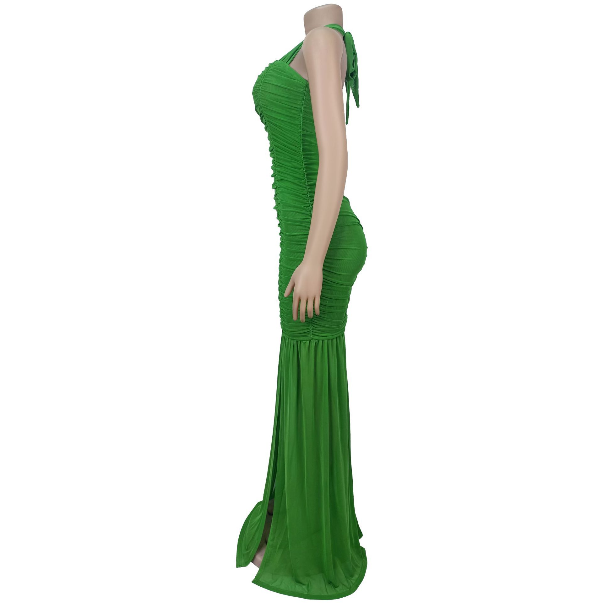 Women Wear Summer Mesh Sexy Slit Solid Color Dress