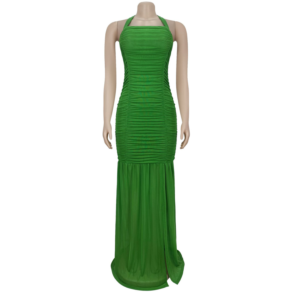 Women Wear Summer Mesh Sexy Slit Solid Color Dress