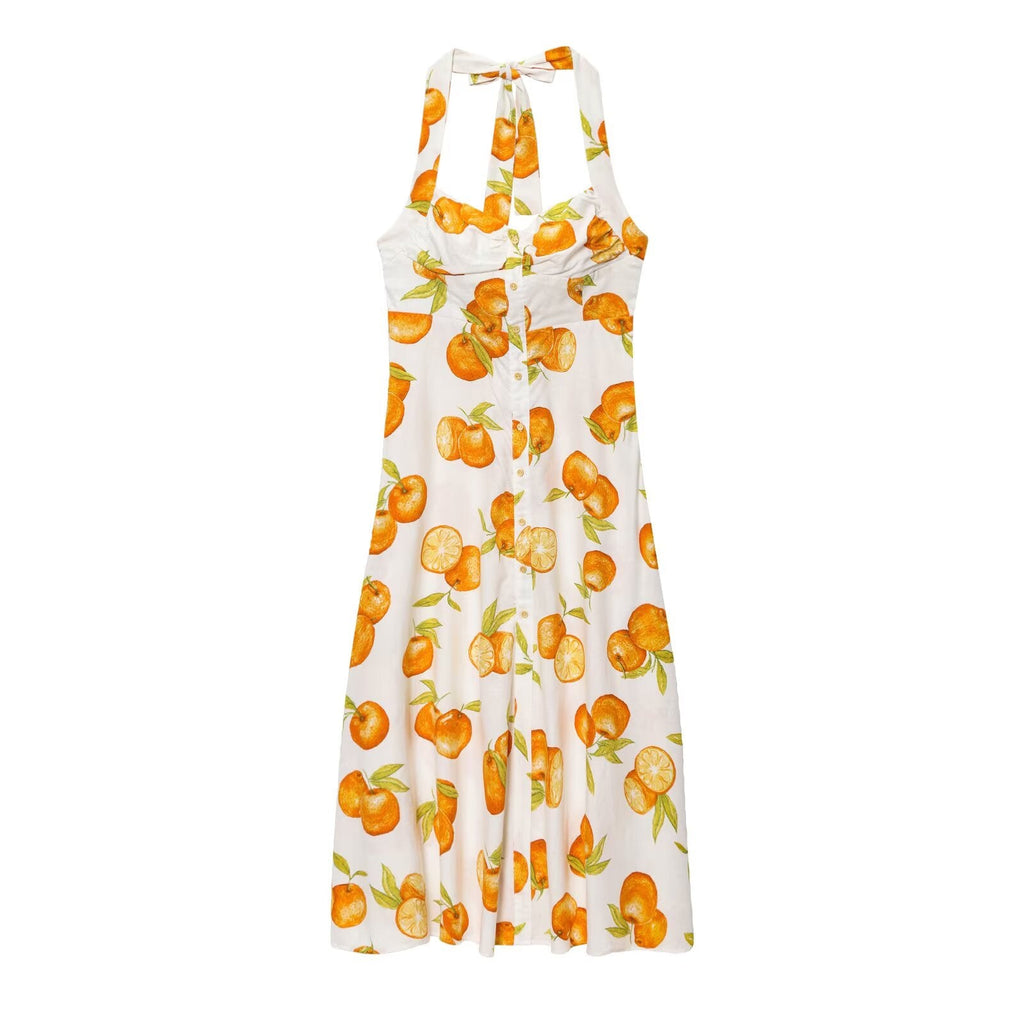 Women Clothing Fashionable Temperamental All Match Linen Printed Halter Dress
