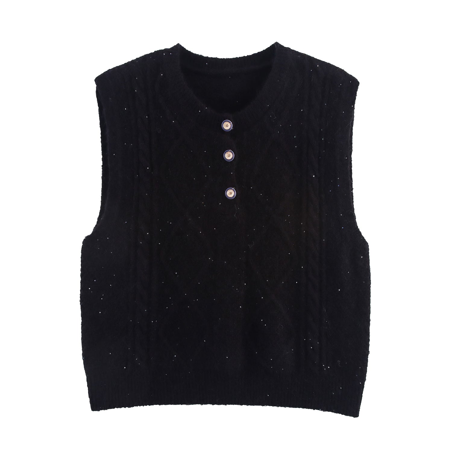 Women Clothing Autumn Sequined Diamond round Neck Half Cardigan Knitted Vest