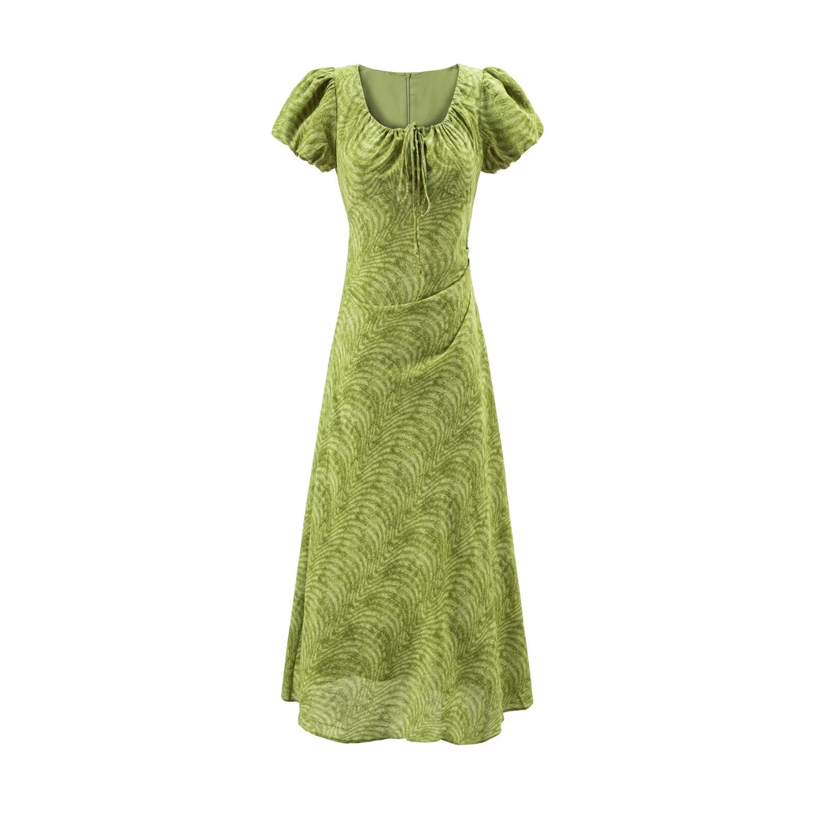 Sweet Printed Chic Puff Sleeve Maxi Dress round Neck Sexy Slim Fit Party Dress