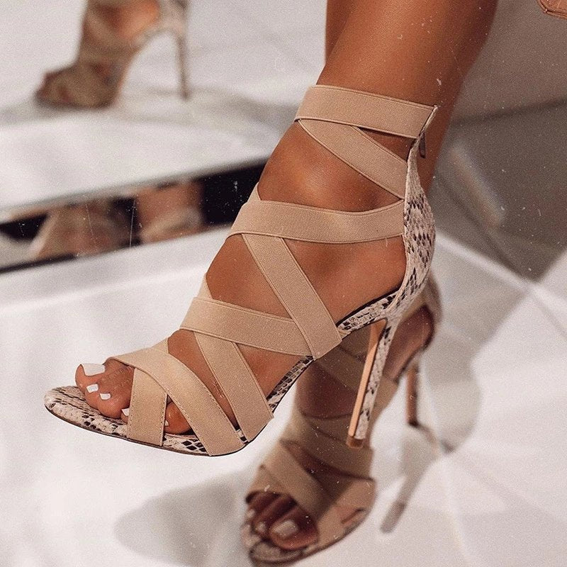 High Heeled Sandals Women Sexy Stiletto Pointed Toe Peep Toe Slippers Ankle Ring Bandage Cloth Roman Shoes