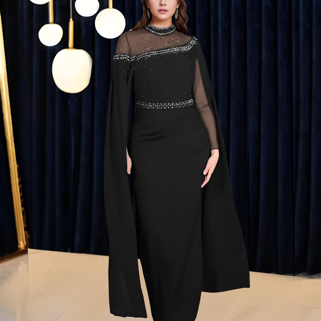 Chiffon Mesh Stitching Heavy Embroidery Drilling Beaded Cape Sleeve Evening Dress