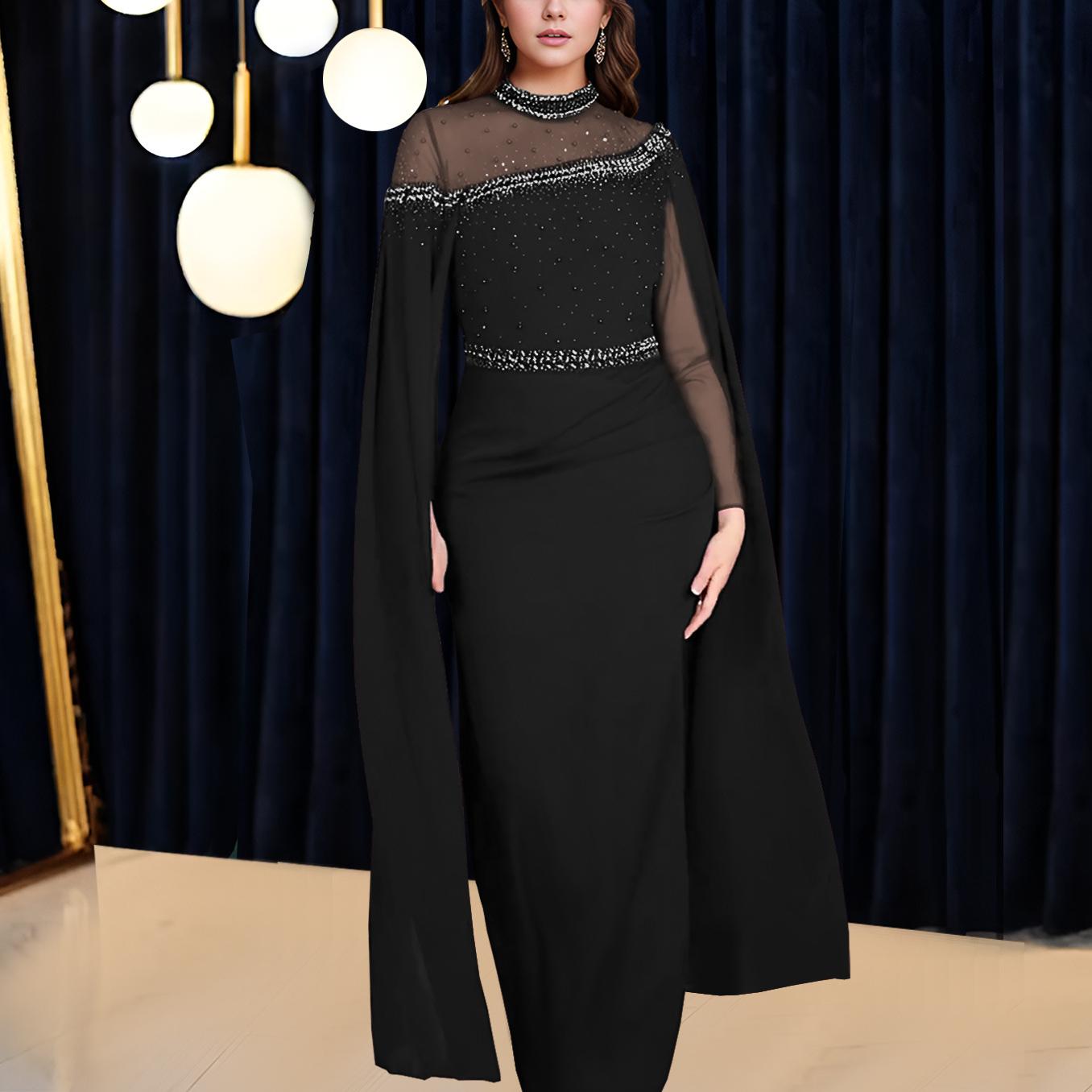 Chiffon Mesh Stitching Heavy Embroidery Drilling Beaded Cape Sleeve Evening Dress