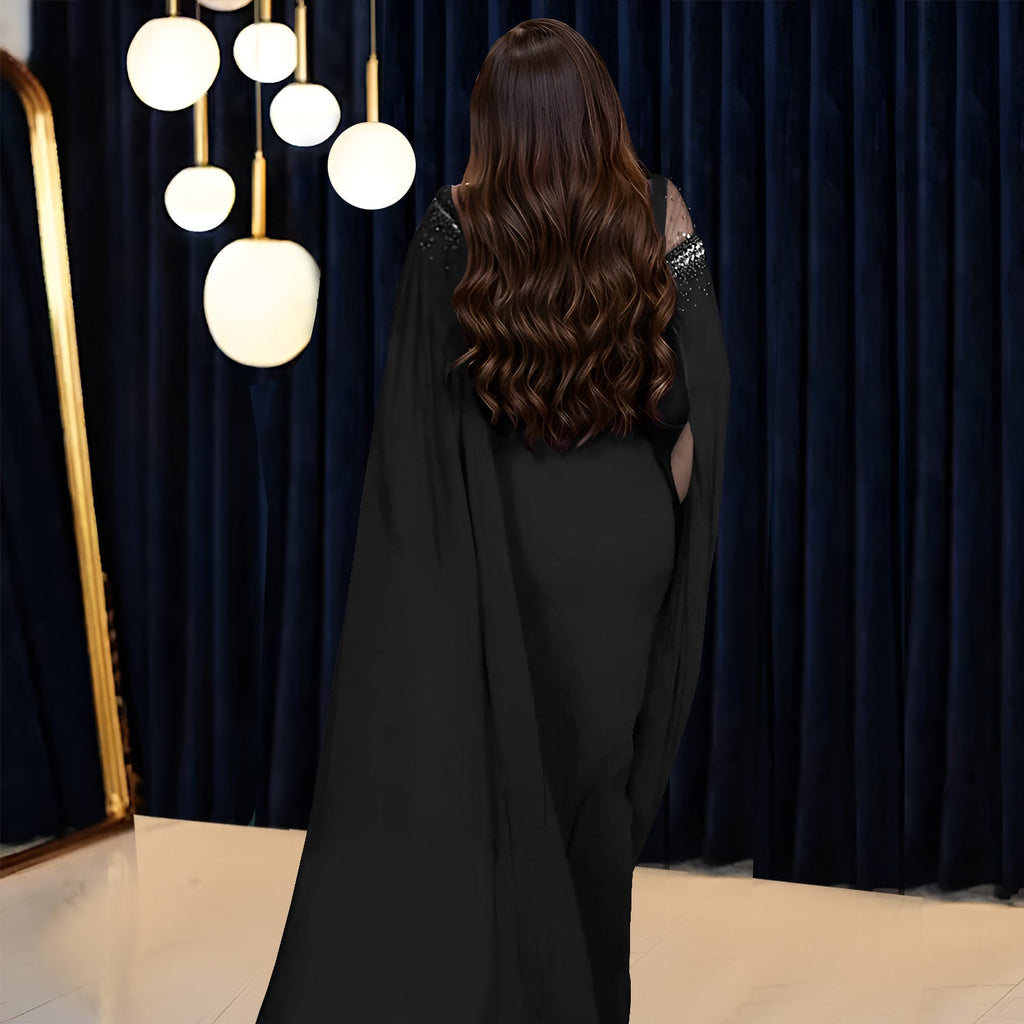 Chiffon Mesh Stitching Heavy Embroidery Drilling Beaded Cape Sleeve Evening Dress