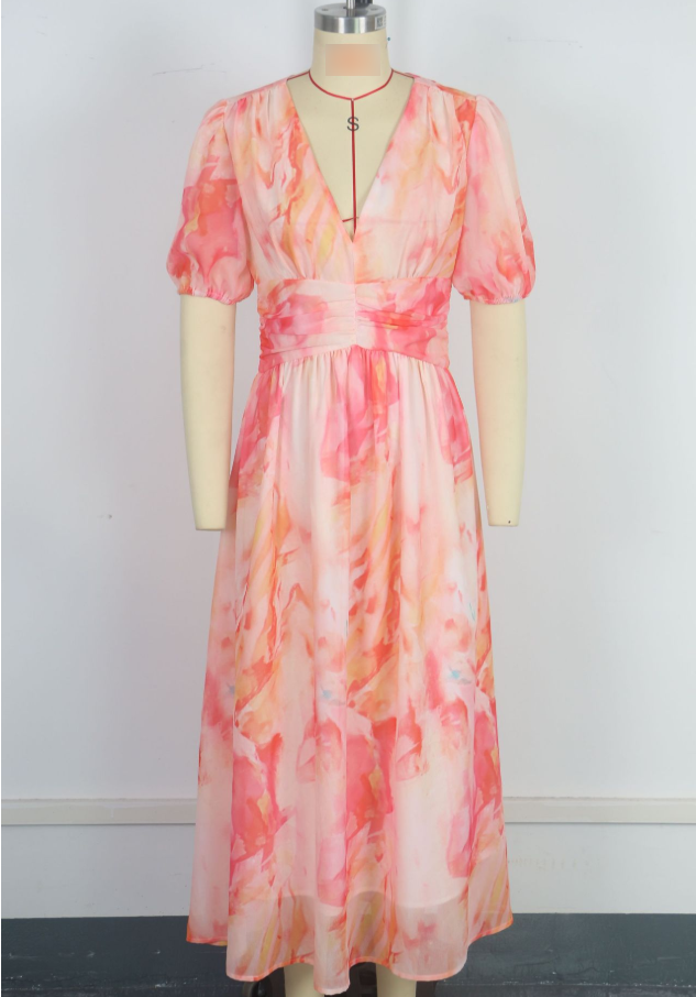 Women Clothing Vacation Chiffon Dress V neck Short Sleeve Zipper High Waist Print Dress