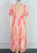 Women Clothing Vacation Chiffon Dress V neck Short Sleeve Zipper High Waist Print Dress