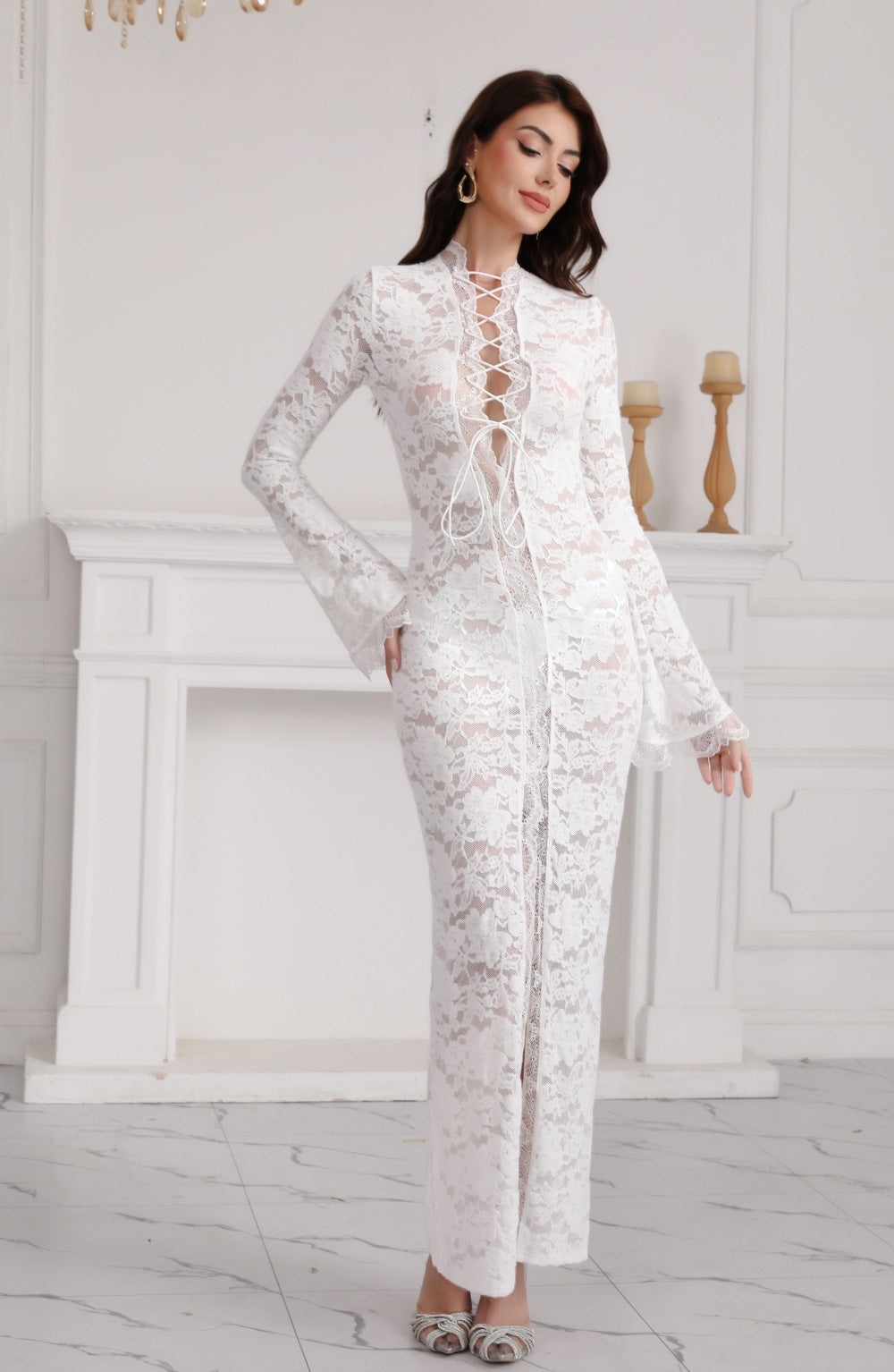Summer Sexy Lace See through Street Slit Long Sleeve Dress