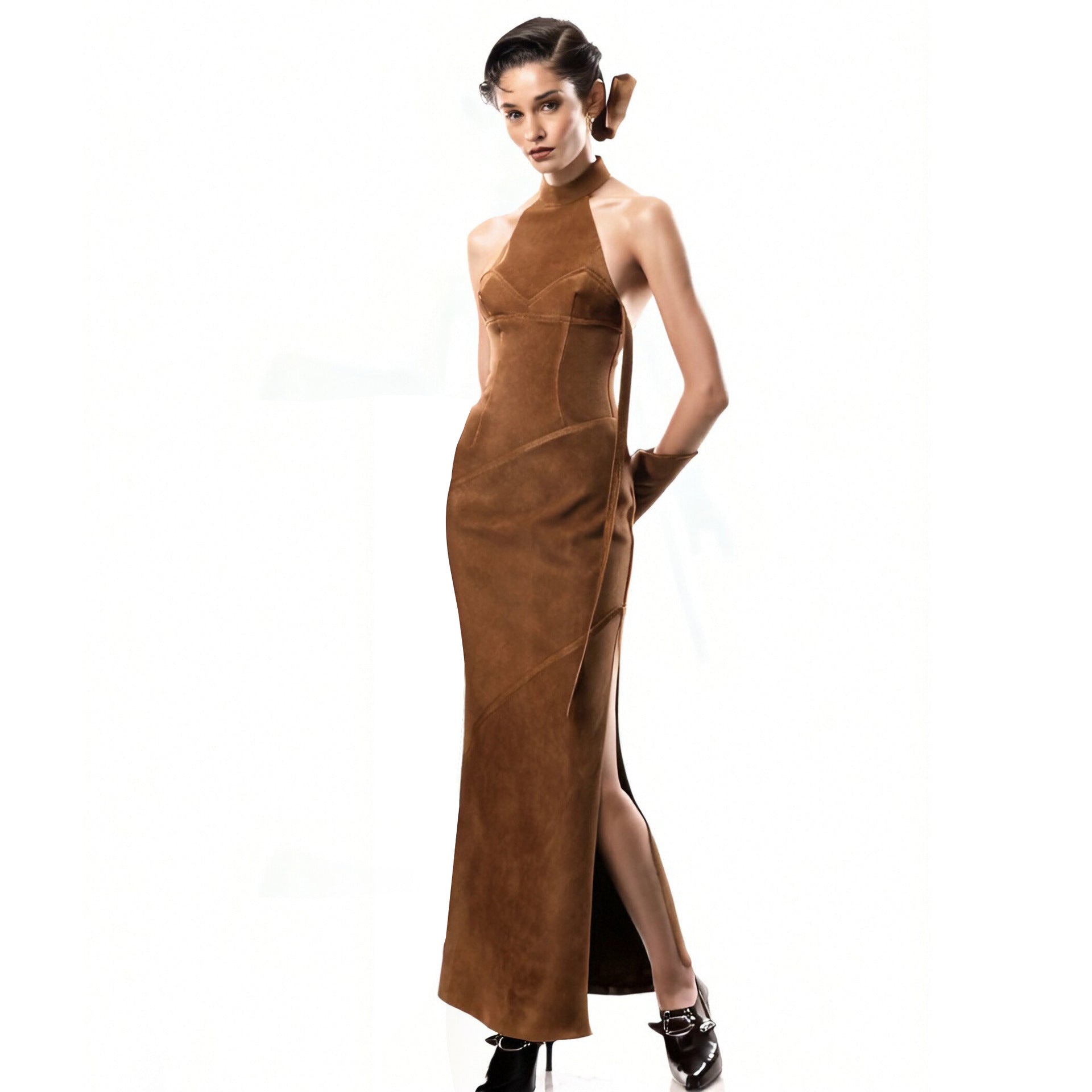 Socialite Elegant Halter Sleeveless Backless Fishtail Dress Women Summer Flannel Dress