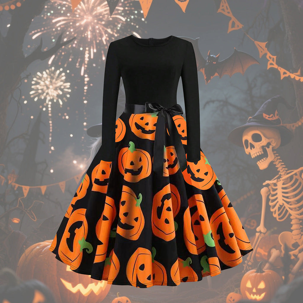 Women Clothing Pumpkin Bow Halloween Dress Long Sleeve Princess Holiday Casual