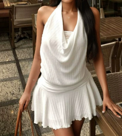 Sexy Swing Collar Dress Women Summer White Halter Backless Faux Two Piece Waist A line Dress