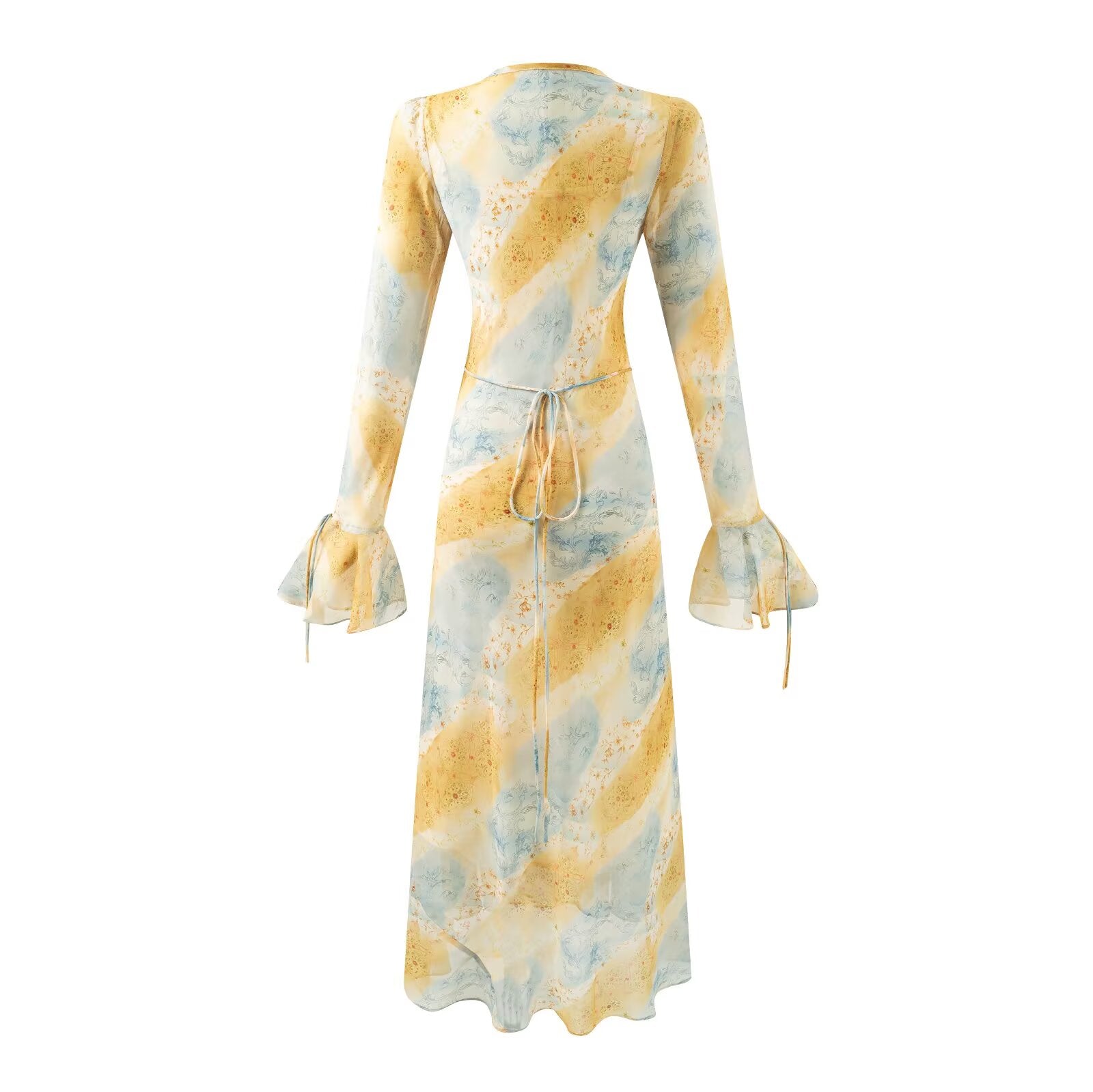 Autumn Women Clothing V neck Mid Length Printed Dress Women