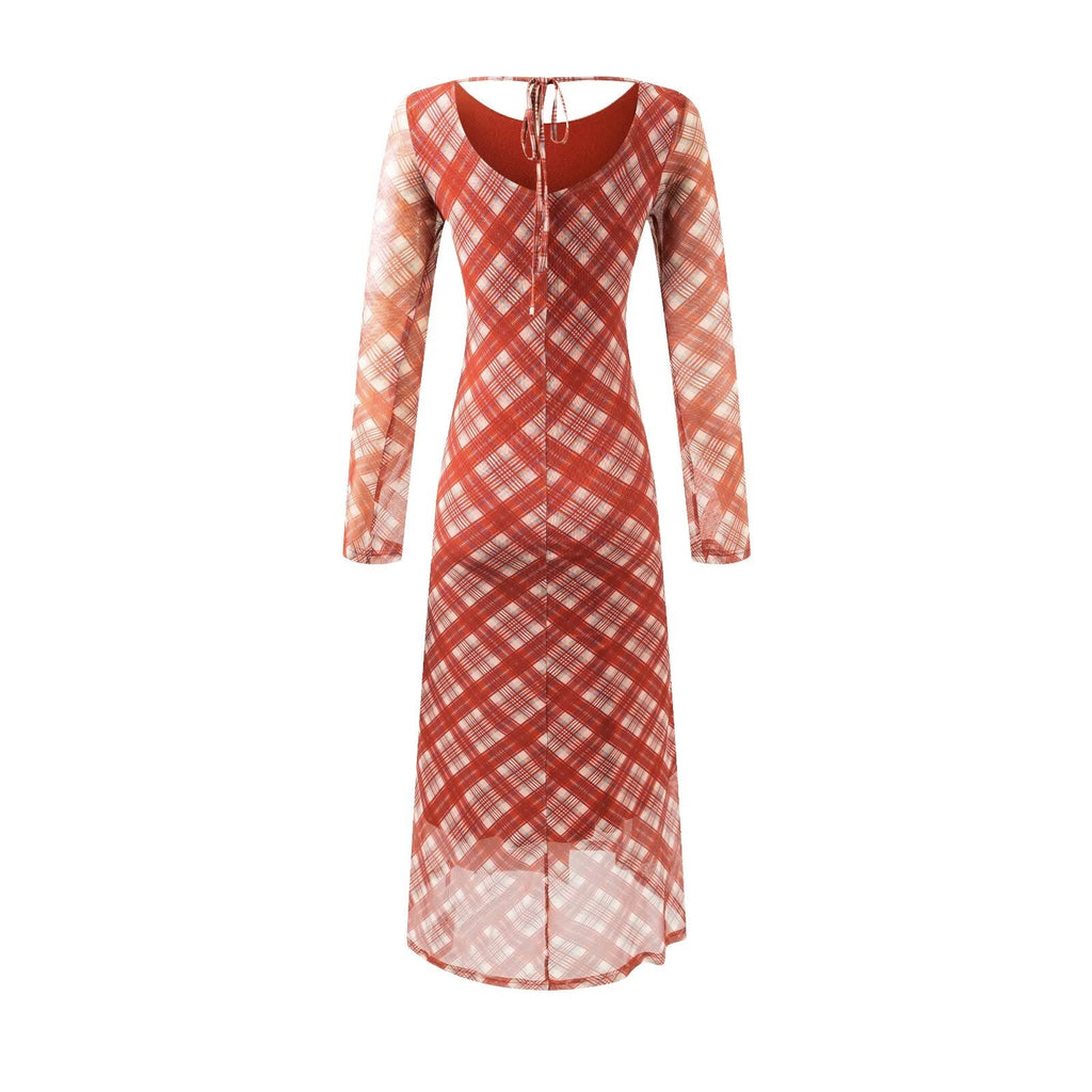 Casual Waist Controlled Sexy Backless Lace up Plaid Dress Women