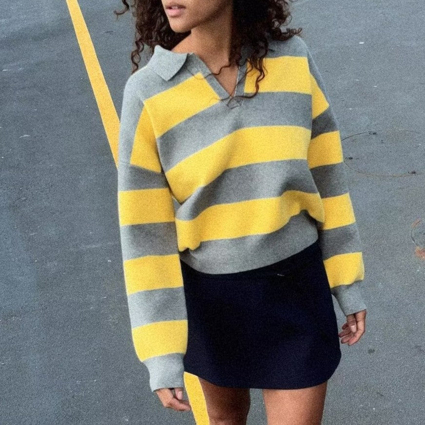 Fall Women Clothing Striped Polo Shirt Collar Sweater