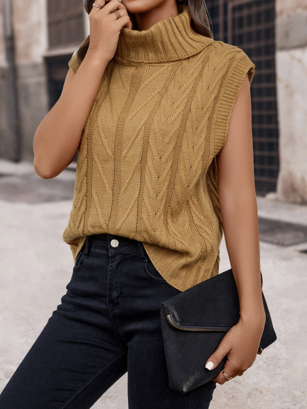 Women Clothing Knitted Sweater Inner Wear Outer Wear Pullover High Collar Sleeveless Sweater Vest Top